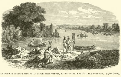 Indiens Chippeway pêchant dans des canoës en écorce de bouleau, Sault de St Marys, lac Supérieur - English School