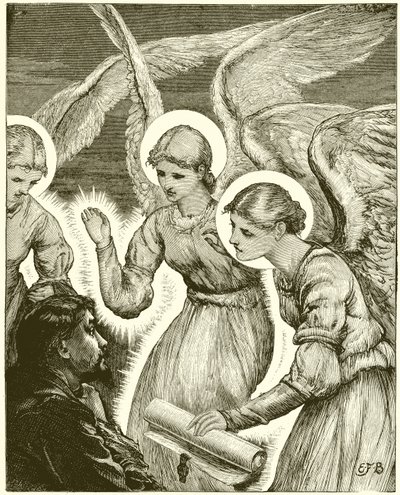 Chrétien et les anges. Voici, trois êtres brillants vinrent à lui et le saluèrent - English School