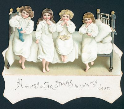 Carte de Noël, enfants sur le lit avec leurs bas - English School