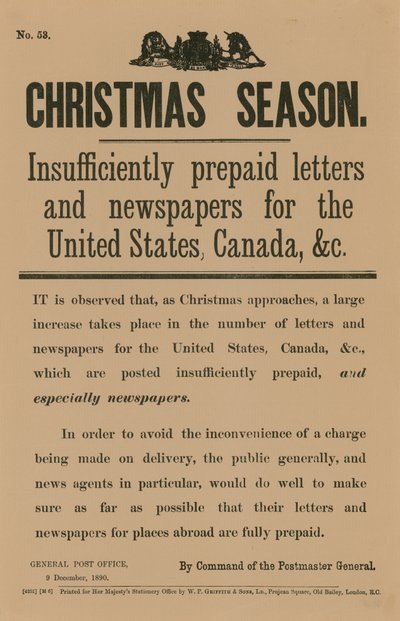 Avis de poste de Noël par ordre du Postmaster General, 9 décembre 1890 - English School