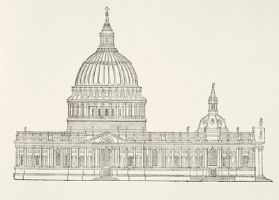 Premier design de Christopher Wren pour la nouvelle cathédrale Saint-Paul après le grand incendie de Londres, de The National and Domestic History of England par William Hickman Smith Aubrey (1858-1916) publié à Londres - English School