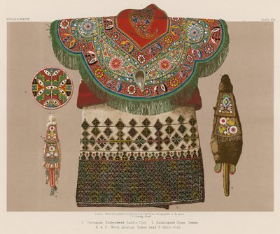 Tapis de selle brodé circassien; robe brodée, Grèce; travail de perles et de paille des Indiens d