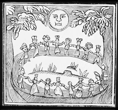 Cercle de sorcières dansant sous une pleine lune, illustration d