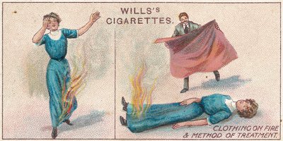 Vêtements en feu, no.34 de la série Premiers Secours des cartes de cigarettes Willss, 1913 - English School