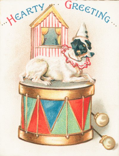 Chien clown sur un tambour jouet, Carte de Noël - English School