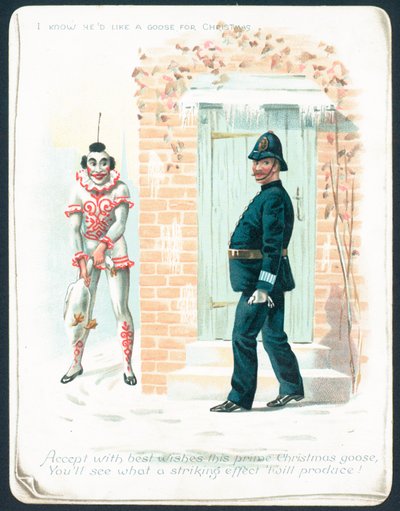 Clown attendant un policier avec une oie, Carte de Noël - English School