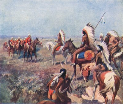 Colonel Macleod, de la Police montée du Nord-Ouest, traitant avec les Indiens à Fort Macleod - English School