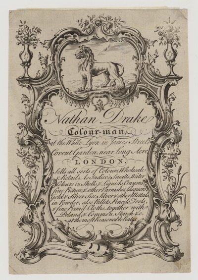 Marchands de couleurs, Nathan Drake, carte de visite - English School