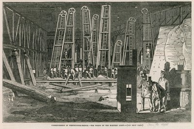 Commencement du pont de Westminster, les travaux à la lumière électrique - English School