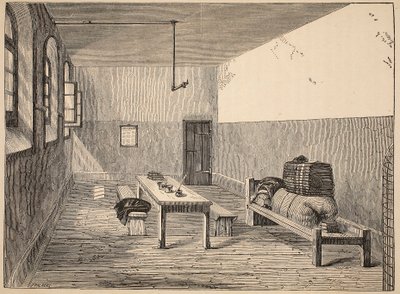 Cellule des condamnés, Newgate, illustration de The Criminal Prisons of London and Scenes from Prison Life par Henry Mayhew et John Binny, pub. 1862 - English School