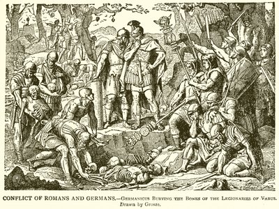Conflit entre Romains et Allemands. Germanicus enterrant les os des légionnaires de Varus - English School