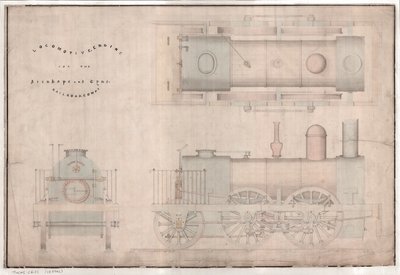 Dessin de construction, locomotive 0-4-2 et tender par R. et W. Hawthorn and Co. pour la Stanhope and Tyne Railway Co - English School