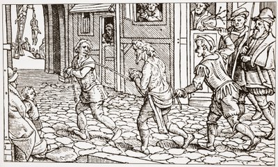Gravure contemporaine montrant un vagabond fouetté dans les rues d