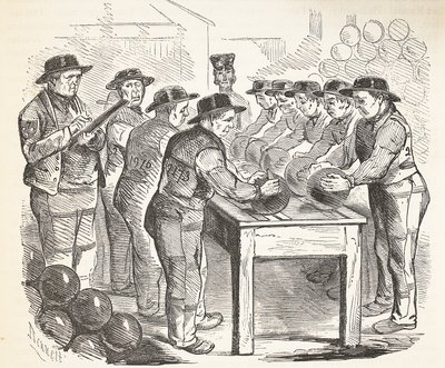 Condamnés grattant des boulets, illustration de The Criminal Prisons of London and Scenes from Prison Life par Henry Mayhew et John Binny, pub. 1862 - English School
