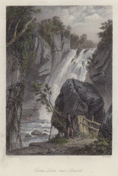 Corra Linn, près de Lanark, Écosse (gravure en couleur) - English School
