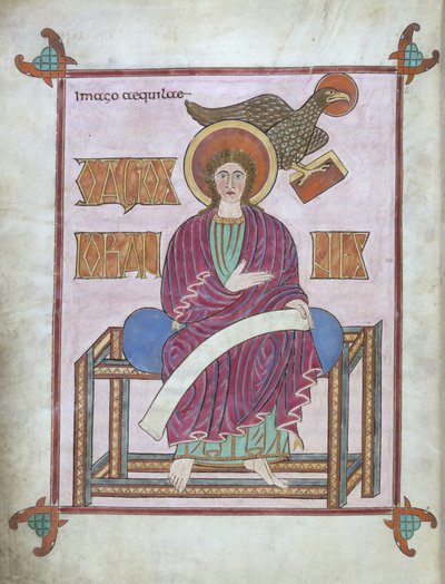 Saint Jean avec son symbole, des Évangiles de Lindisfarne, 710-721 - English School