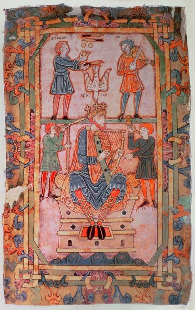David jouant de sa harpe, du Psautier de Tibère, Winchester - English School