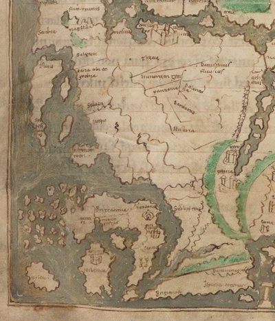 Cotton Tiberius B.V, Partie 1, f.56v La carte de Tiberius, Mappa Mundi, détail de l