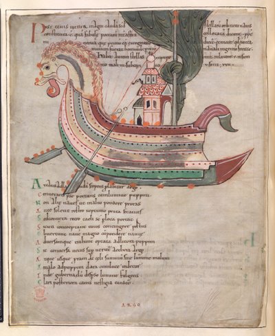 Cotton Tiberius B. V, Partie 1, f.40v, Un navire, avec une tour et une tête de serpent - English School
