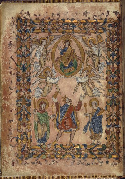 Cotton Vespasian A. VIII, f.2v Edgar offre une charte au Christ, illustration de 