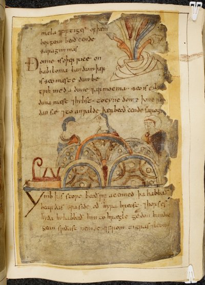 Une vigne dorée; trois personnes parlant, représentant une nation bienveillante qui gouverne la mer Rouge, où se trouvent les meilleures perles, illustration de Beowulf, tirée du 