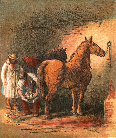 Forgeron de campagne ferrant le cheval de charrette du fermier - English School