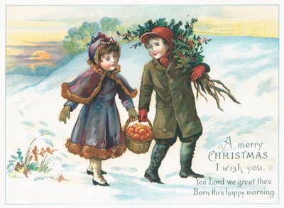 Couple portant un panier de fruits et de houx, carte de Noël - English School