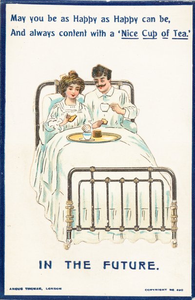 Couple buvant du thé au lit, carte - English School