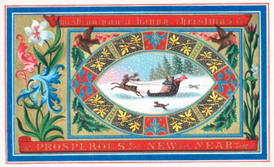 Couple en luge entouré de fleurs, Carte de Noël - English School