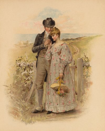 Couple de courtisans marchant dans la campagne (chromolitho) - English School