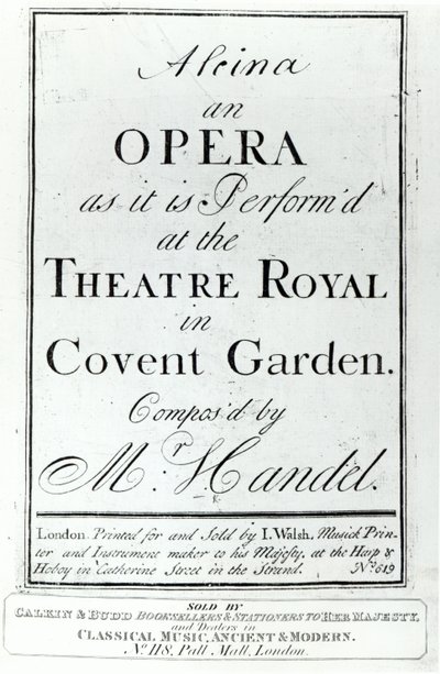 Couverture de la partition pour Alcina, un opéra de Haendel, publiée en 1735 - English School