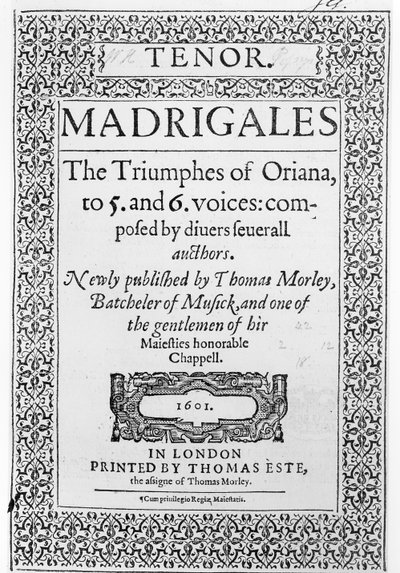 Couverture de la partie Ténor de The Triumphes of Oriana, publié par Thomas Este, 1601 - English School