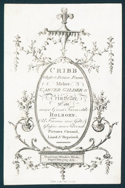 Cribb, fabricant de cadres en verre et en image, carte de visite - English School