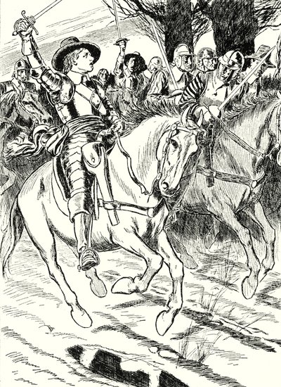 Cromwell mène ses soldats à la bataille (litho) - English School