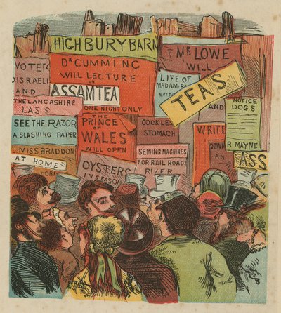 Foule de gens sous une variété de publicités - English School