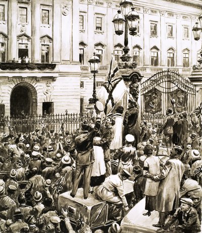Foules devant le palais de Buckingham acclamant le roi George V le jour de l