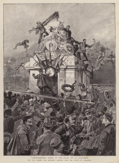 Foules arrachant les emblèmes de deuil de la statue de Strasbourg sur la Place de la Concorde, Paris - English School