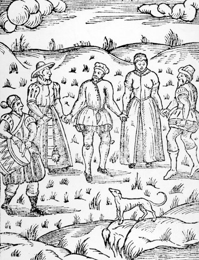 Danser avec un batteur, du The Doome warning all men to the Judgement par Stephen Bateman, 1581 - English School