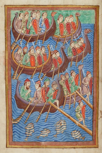 Les Danois sous Hinguar et Hubba débarquent en Grande-Bretagne, du Miscellany sur la vie de Saint Edmund, Bury St Edmunds, vers 1130 - English School