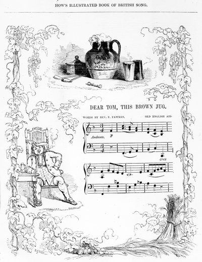 Cher Tom, cette cruche brune qui mousse maintenant avec de la bière douce..., feuille de chanson du livre illustré de chansons britanniques de How (lithographie) - English School