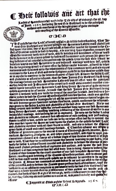 Déclaration des Lords indiquant le comte de Bothwell comme le meurtrier de Lord Darnley, 1567 - English School