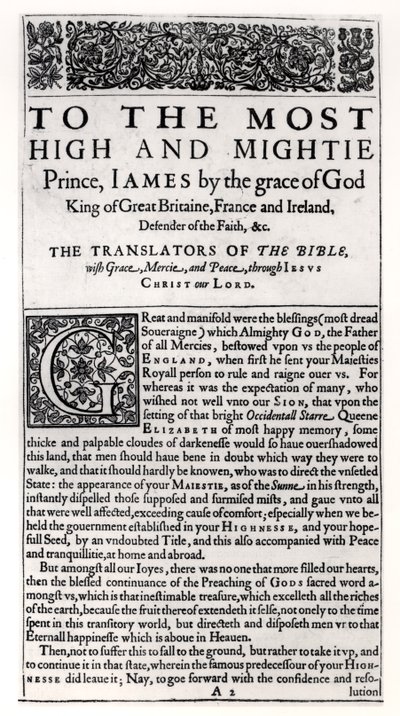 Page de dédicace dans La Sainte Bible, pub. par Robert Barker, 1611 - English School