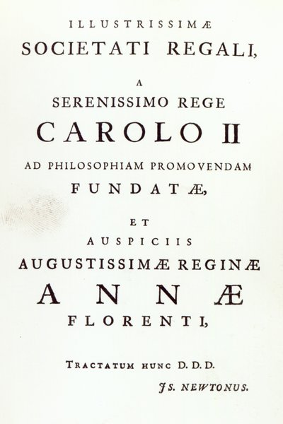 Dédicace à la Royal Society de la deuxième édition des Principia Mathematica de Newton, 1713 - English School
