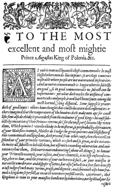 Dédicace au roi de Pologne Sigismond II Auguste I dans Le Conseiller, la première traduction anglaise de De optimo senatore de Wawrzyniec Grzymała Goślicki, 1598 (impression) - English School