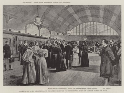 Départ de la reine Wilhelmina et de la reine régente des Pays-Bas, scène à la gare Victoria le 9 mai (lithographie) - English School