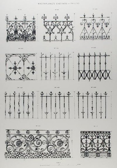 Dessins pour des balustrades en fonte, de 
