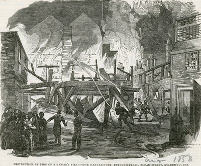 Destruction par le feu de la manufacture de pianos de Kirkman, Dufours Place, Broad Street, Golden Square - English School