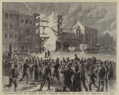 Destruction du Black Eagle Wharf, Wapping, par un incendie, le lundi 31 octobre (gravure) - English School