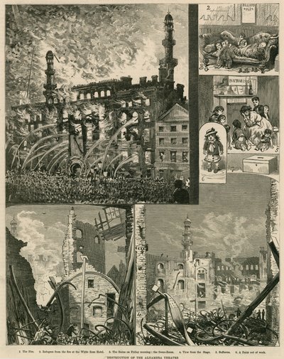 Destruction du Théâtre Alhambra, Londres, le 7 décembre 1882 - English School