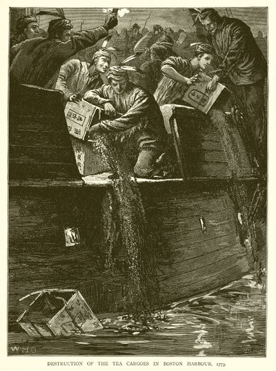 Destruction des cargaisons de thé dans le port de Boston, 1773 - English School